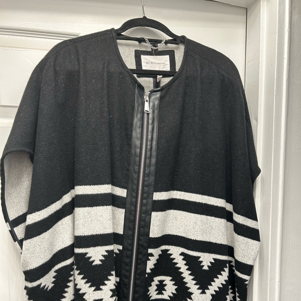 BCBGeneration Charcoal and Black Zippered Cape- leather trip and leather fringe
